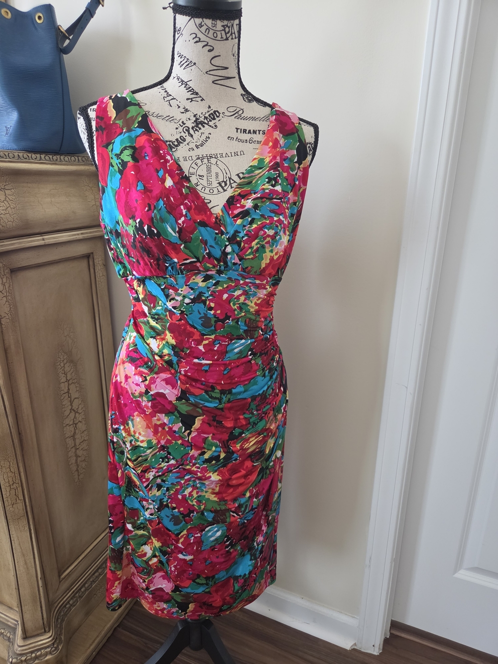 Polo by Ralph Lauren Pink Multi Floral V-Neck Ruched Midi Dress